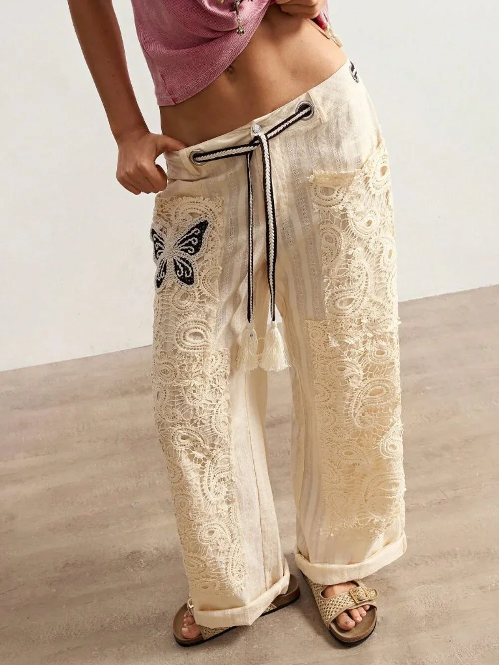 Multicolor Casual Women's Boho Woven Contrast Lace Loose Wide Leg Long Pants